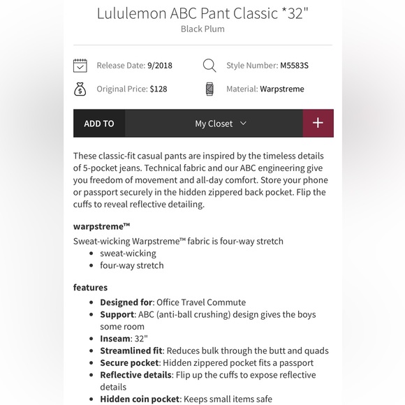 Lululemon Men’s ABC Classic Pant,Size-32” x 33”,Color-Black Plum - Picture 14 of 14